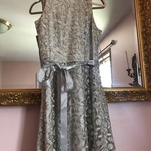 Silver and taupe embroidered Tahari midi dress. NWT.